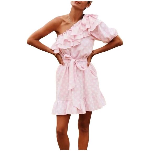 Lisa‎ Marie Fernandez Pink Polkadot Dress Size Large Off Shoulder Linen Blend - Picture 1 of 10